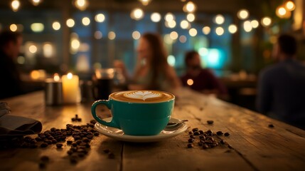 Obraz premium A freshly brewed cappuccino with stunning latte art sits on a reclaimed wooden table surrounded by coffee beans, while patrons enjoy the warm atmosphere