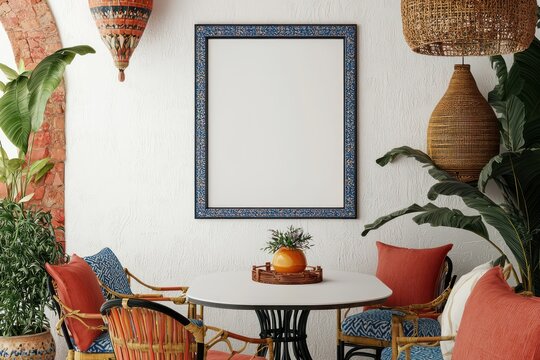 Colorful Mediterranean dining space with mockup frame.