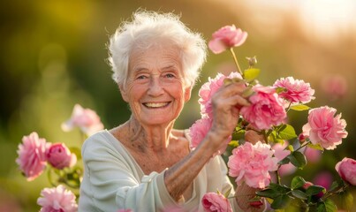 A woman in a white shirt is holding a pink flower