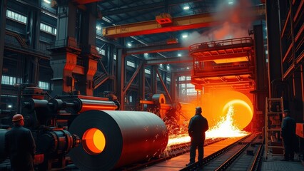 Industrial Steel Mill Workers Amidst Molten Metal and Heavy Machinery