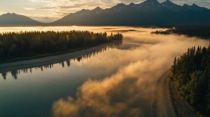 Sunrise mist over river and mountains.