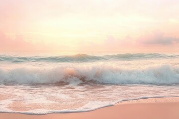ocean waves surge in soft peach and aqua hues, crashing gently on a golden shore under a dreamy pastel dawn sky with misty horizons.