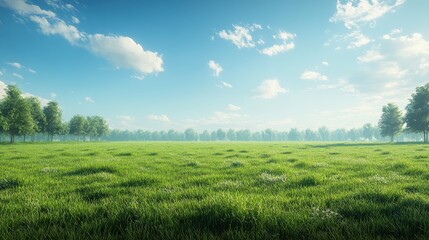 Fototapeta premium Vibrant green grass field with natural tree line outdoor landscape photography serene environment wide angle view