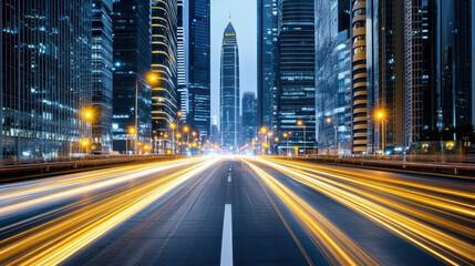 Fototapeta premium city street at night with blurred light trails from moving vehicles