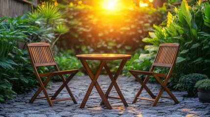 Fototapeta premium Relaxing evening in a backyard with rustic wooden table and chairs amidst lush greenery and sunset