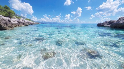 Fototapeta premium Clear turquoise water, rocky cove, sunny day, island background, travel brochure