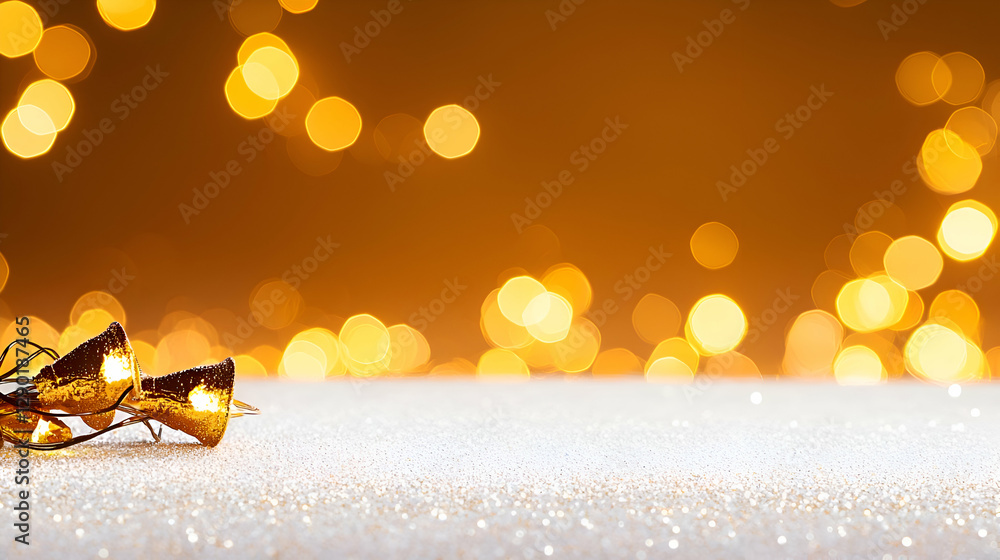 Poster golden string lights on glittering surface with bokeh background