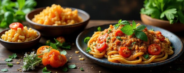 Rustic wooden table laden with global cuisine , platter, food background, wooden table
