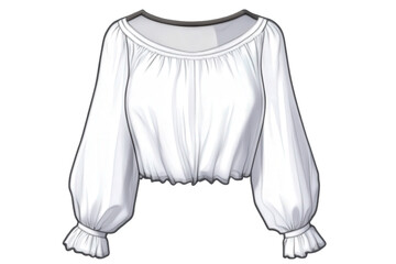 White peasant blouse with long balloon sleeves on a transparent background, fashion illustration