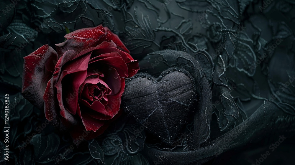 Poster a close-up of a deep red rose with intricate petals and a small, stitched fabric heart resting on a 