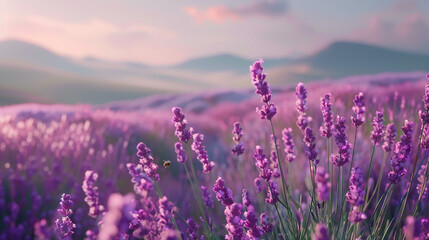 A close-up of a blooming lavender field in the spring, with a bee pollinating the purple flowers and soft hills in the background.