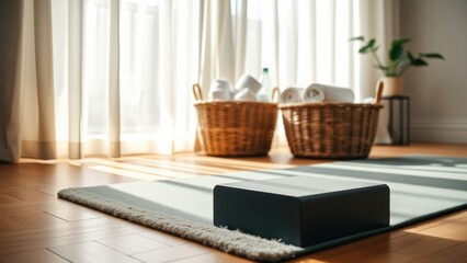 Sunlit Yoga Studio with Mat Block and Towels in Baskets