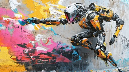 Humanoid Robotic Figure Spraying Colorful Art on Urban Wall