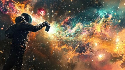 Humanoid Figure Using Spray Can in Cosmic Colorful Space Scene