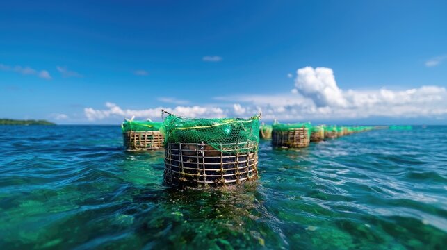 Tropical ocean oyster farm, sunny day, clear water, sustainable seafood
