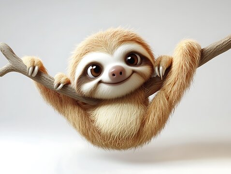 Cute cartoon sloth hanging from branch studio setting digital art