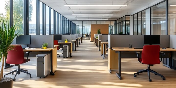 A spacious office area featuring a series of cubicles with ergonomic chairs, personal desks, and partial privacy screens ,

