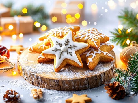 Christmas Star Shaped Gingerbread Cookies on Wooden Slice.
