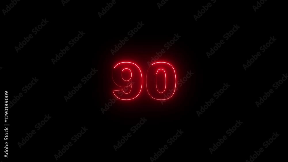 Poster neon glowing text 90 number countdown icon on black background 4k animation. neon number 90 with alp
