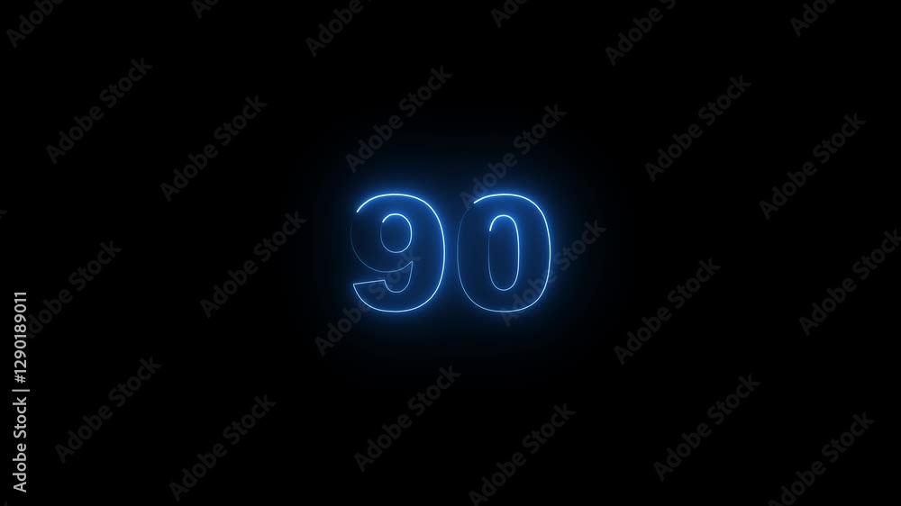 Poster neon glowing text 90 number countdown icon on black background 4k animation. neon number 90 with alp