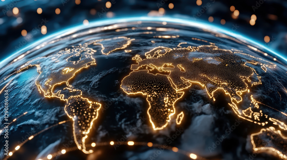 Poster glowing world map showcasing interconnected regions and data flow