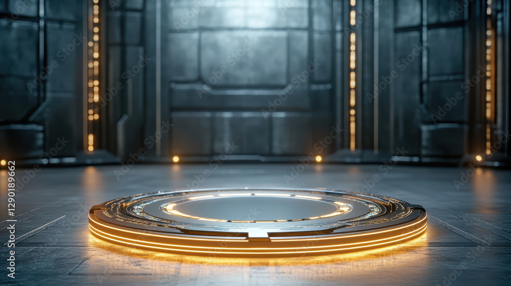 Poster Futuristic circular platform with glowing edges in high tech environment