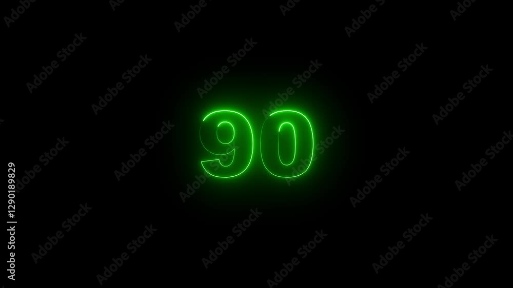 Poster neon glowing text 90 number countdown icon on black background 4k animation. neon number 90 with alp