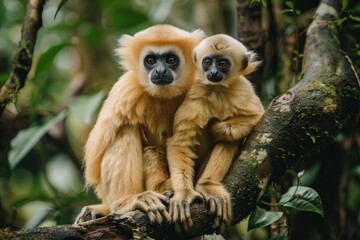 Obraz premium Two Yellow-cheeked Gibbons Sitting on a Branch