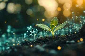 New sprout emerging from soil with glowing holographic digital circuits and molecular diagrams, symbolizing growth and technology