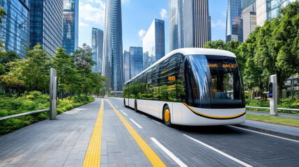 Obraz premium Futuristic electric bus traveling through smart city with tall buildings