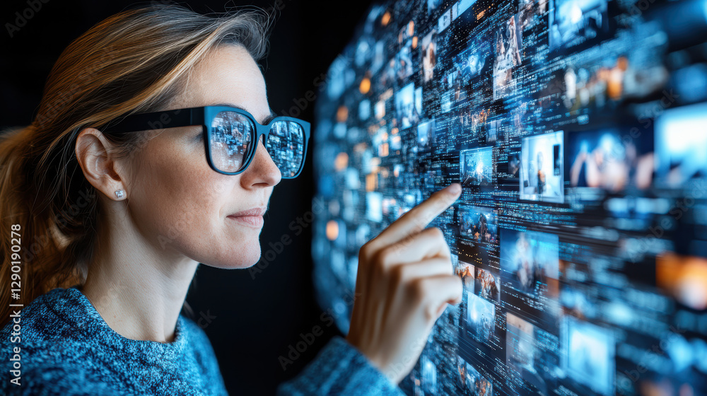 Poster woman interacts with digital display showcasing various images and data