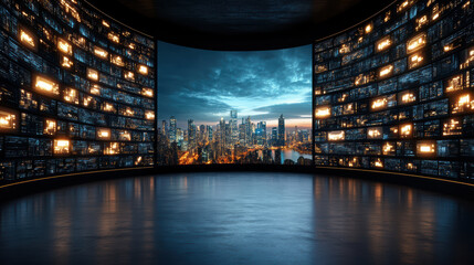 Futuristic streaming interface with city skyline view at night