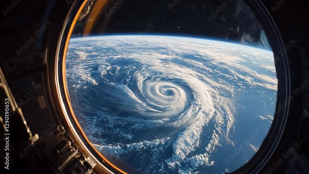 Poster view from a round porthole to the earth from space. a huge cyclone is visible on the planet, forming