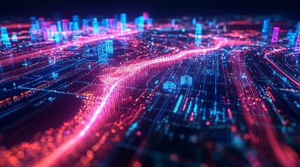 Obraz premium Futuristic Cityscape Digital Network and Smart City Infrastructure