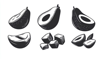 Obraz premium Avocado sketches whole, sliced, and diced, on white background. For food art