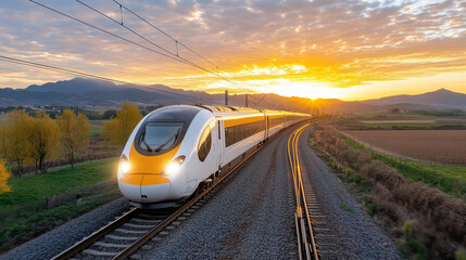 Naklejka premium high speed train travels through scenic landscape at sunset