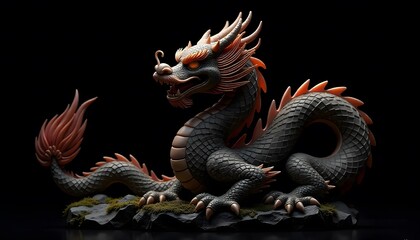Obraz premium Chinese dragon on a black background. Generative AI Illistration of ancient asian dragon on black background.