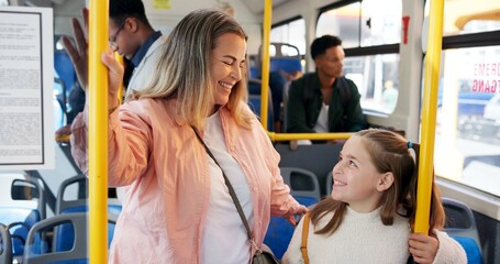 Happy, mother and child with travel on bus for morning commute, school destination and protection....