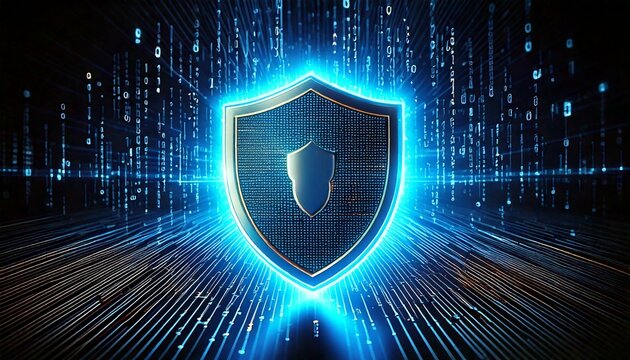 Cyber Defense Network – A protective digital barrier with encrypted codes and a shield symbolizing advanced online security measures.