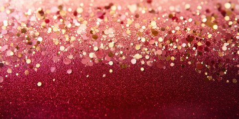 Romantic Valentine's Day backdrop with shimmering gold dust on a gradient of crimson and soft pink, with a clear, light-textured copy space in the center. -
