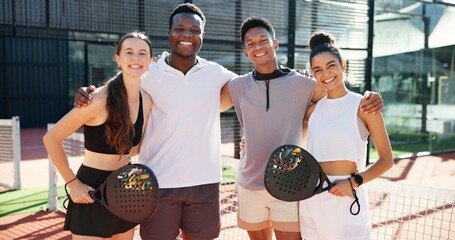 Sport, padel portrait and team on court for competition, match practice and tournament game. Tennis...