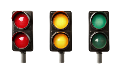Trio of vertical traffic lights displaying red, yellow, and green signals
