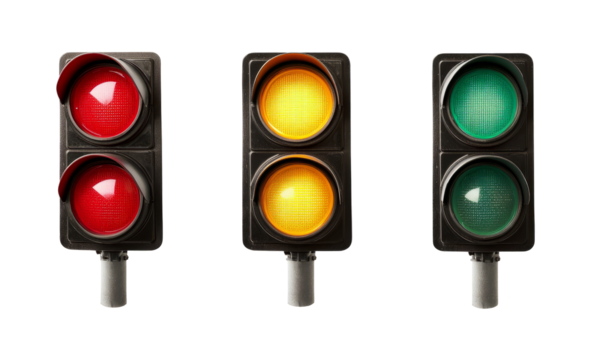 Trio of vertical traffic lights displaying red, yellow, and green signals