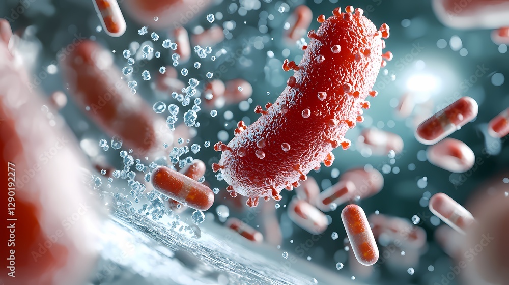Poster detailed 3d-rendered visualization of a bacterial infection under a microscope, showcasing the micro