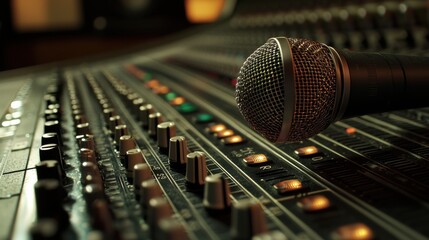 Close up of a microphone on a mixing console in a recording studio.