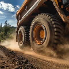 Mining truck tires spinning on dusty road