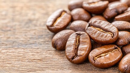 Naklejka premium Roasted coffee beans on wooden surface, close-up view, rustic background, food and drink photography