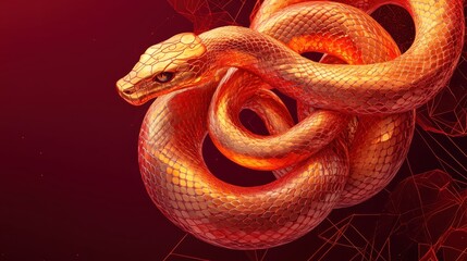 Fototapeta premium Vibrant Coiled Golden Snake on Abstract Red Background with Geometric Patterns and Textures
