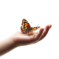 Gentle Touch: A Painted Lady butterfly rests delicately on a child's hand, symbolizing the fragility of nature and the innocence of childhood.