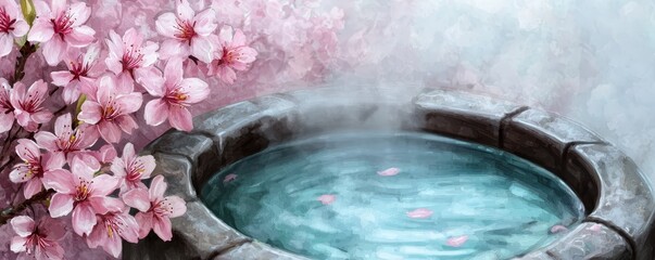 Fototapeta premium A tranquil hot spring surrounded by cherry blossoms, with steam rising gently from the water's surface, creating a serene and peaceful atmosphere.